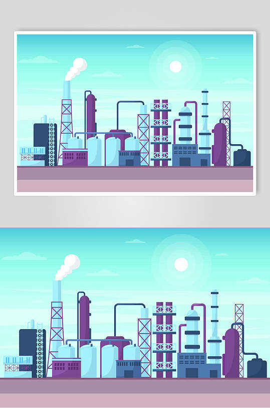 蓝紫色平面工厂全貌插画设计