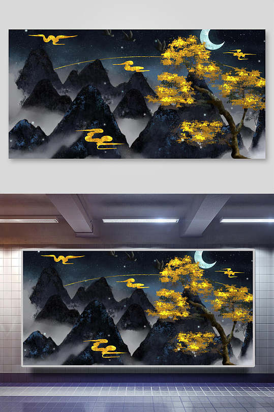 国潮背景黑底金色云朵月亮