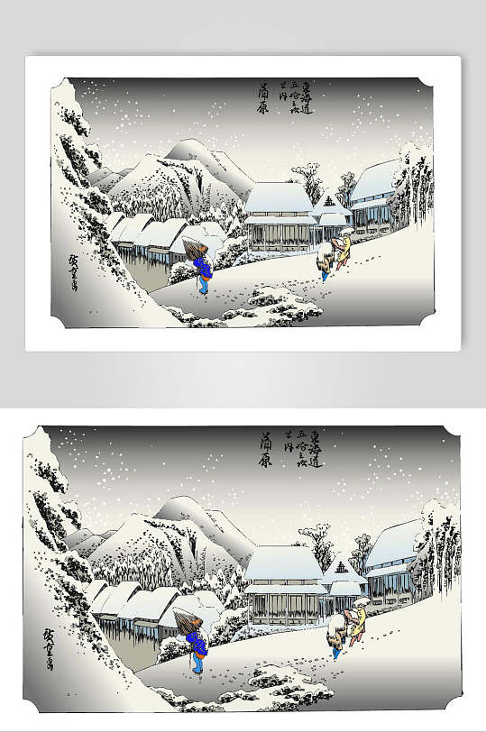 日本山村雪景日式浮世绘插画