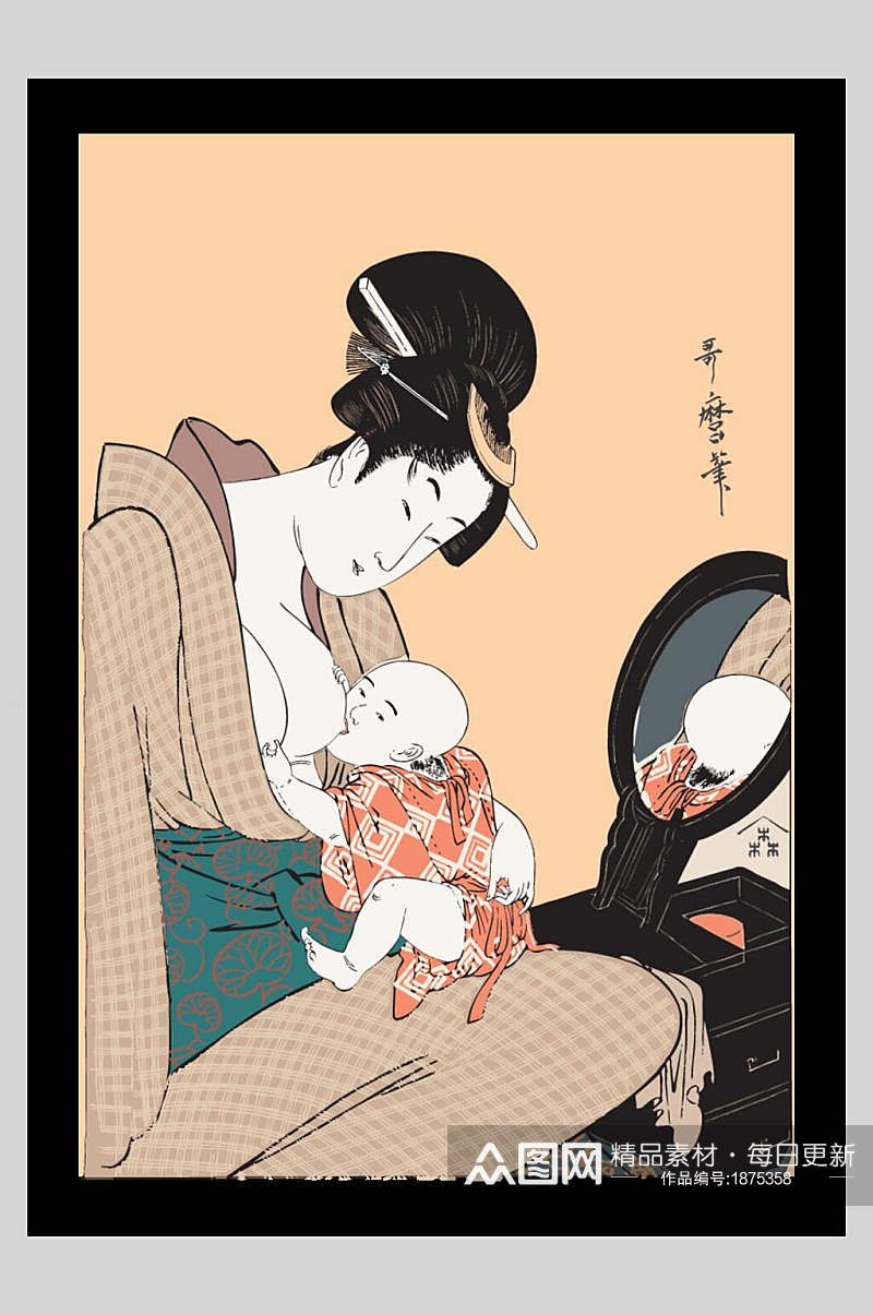 日式母亲哺育婴儿浮世绘插画素材