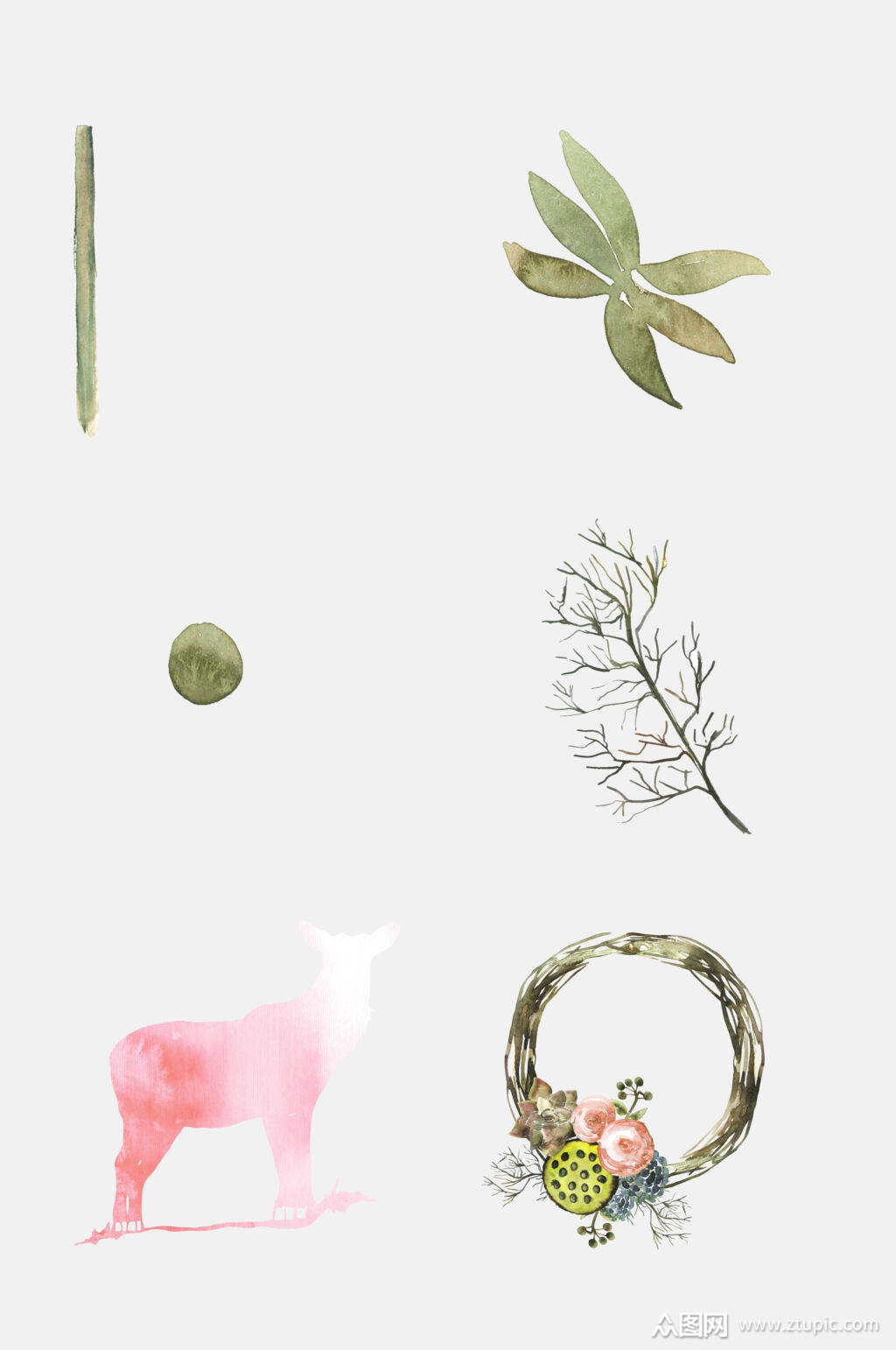 清新森系水彩植物元素素材