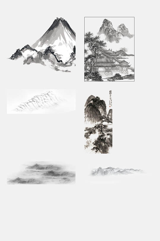 中国风水墨风著名山水画免抠背景元素素材