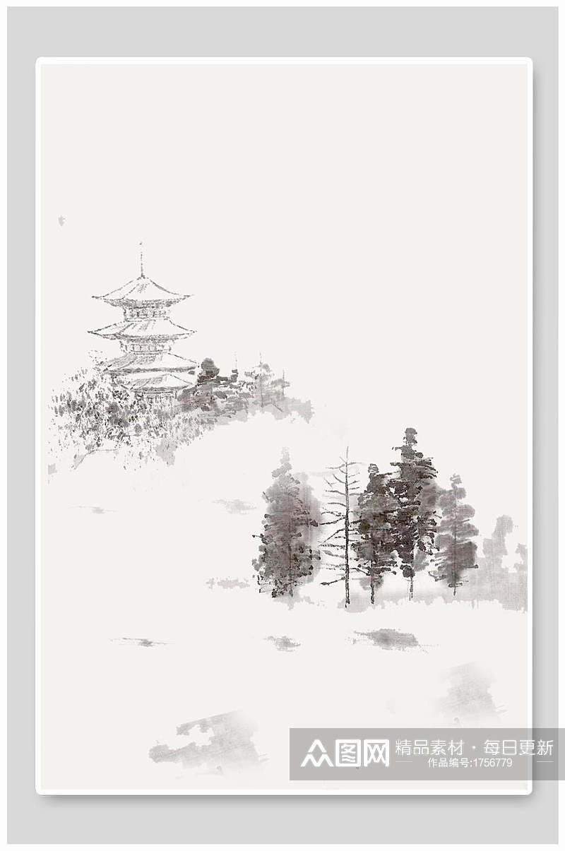 水墨树塔中国风免抠背景素材