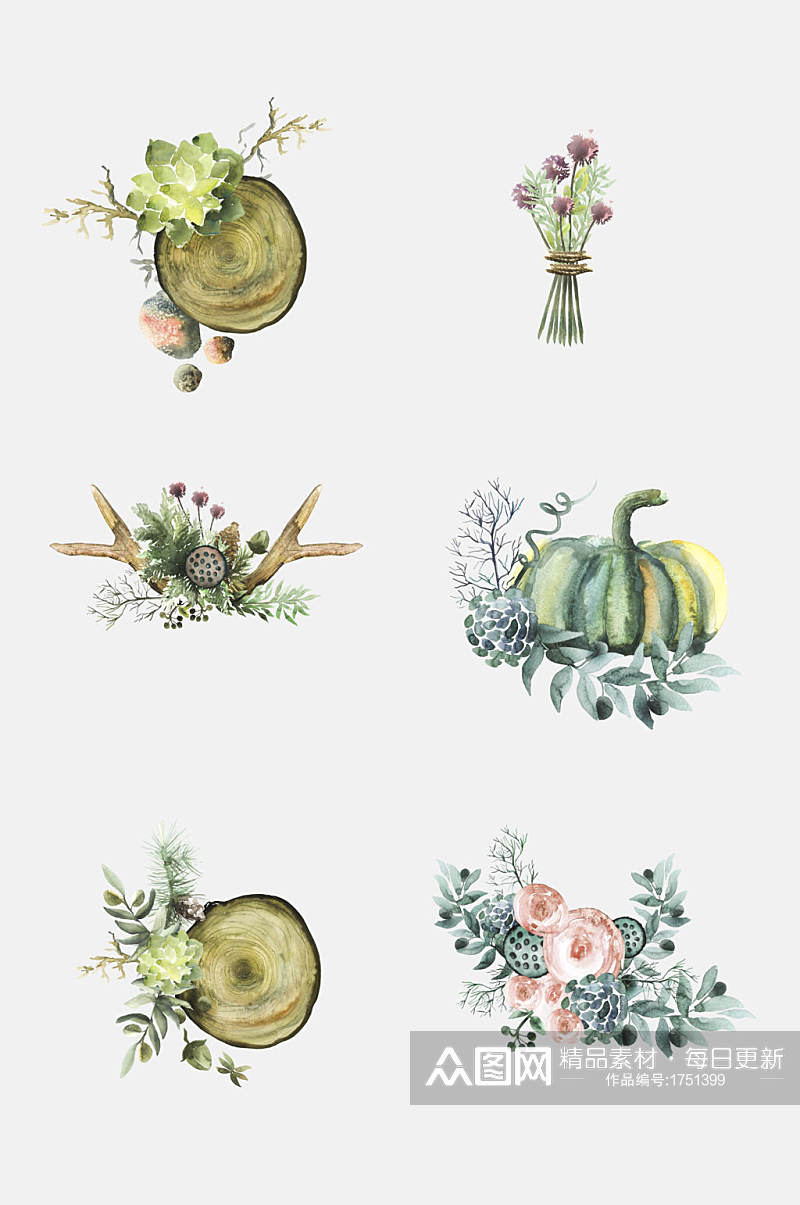 清新森系手绘画水彩植物元素素材素材