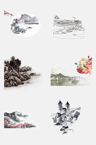 中国风水墨画山水风景免抠背景元素素材