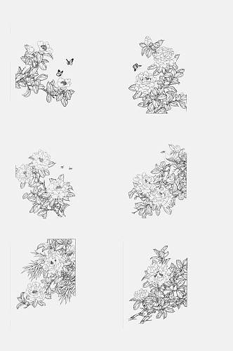 手绘画工笔白描花卉元素素材
