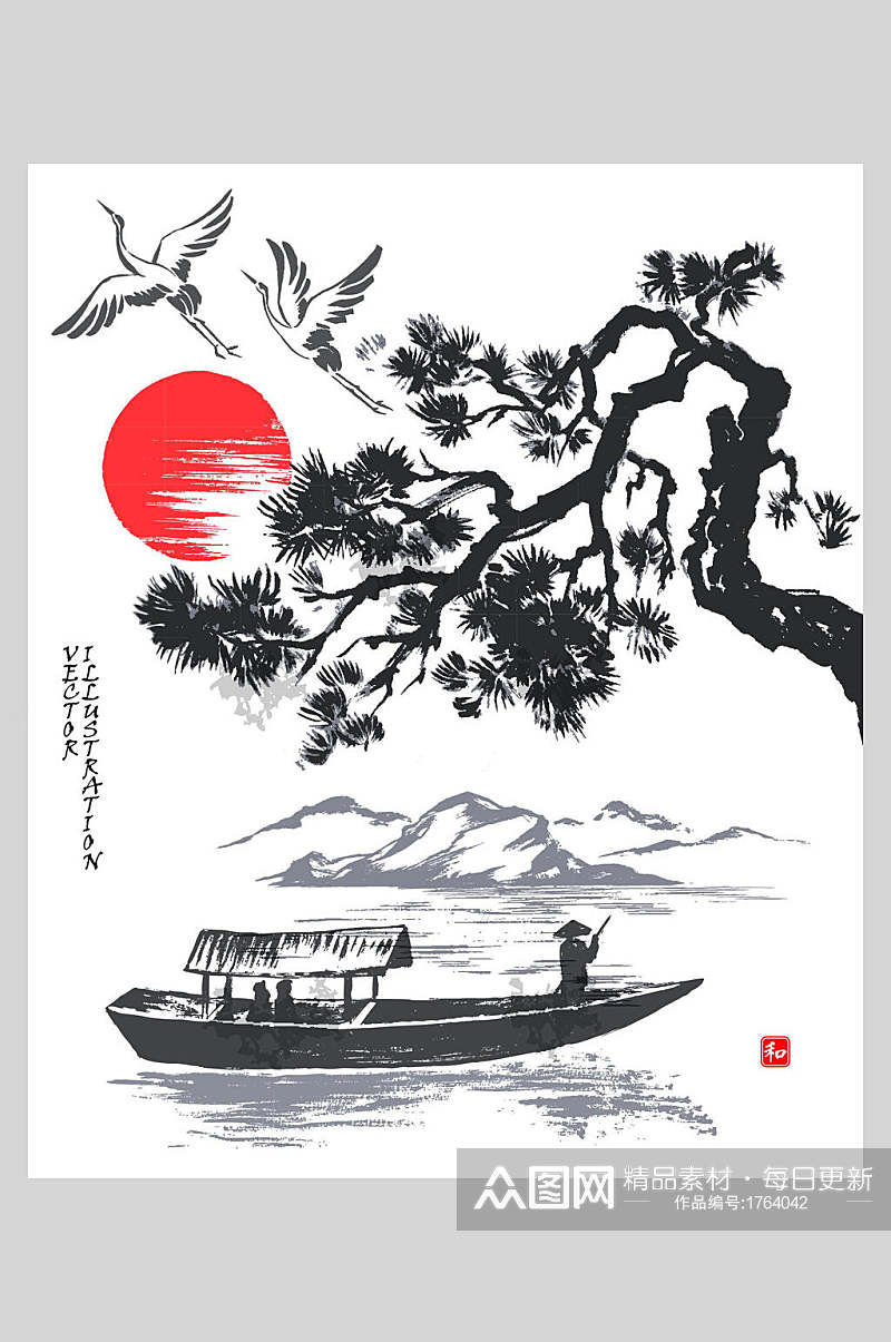 水墨中国风插画船翁树木仙鹤素材素材