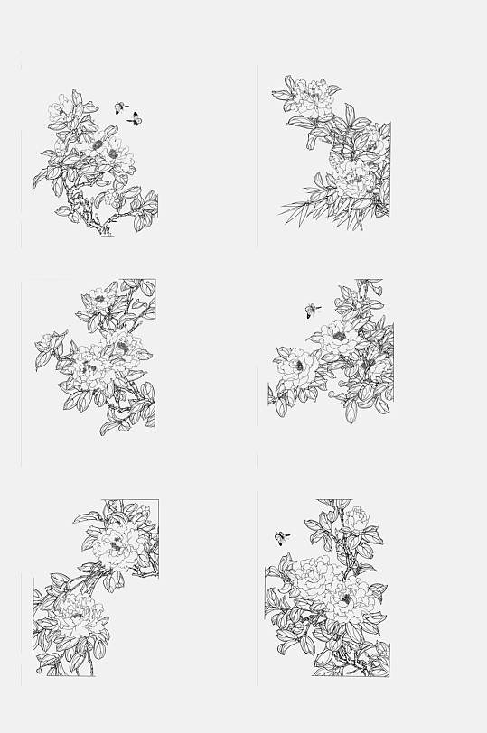 工笔白描花卉元素素材