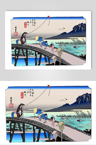 老人孩子过桥日式浮世绘插画