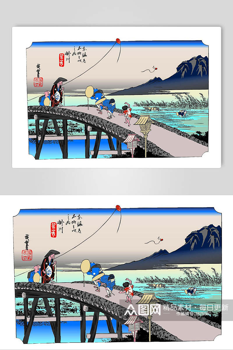 老人孩子过桥日式浮世绘插画素材