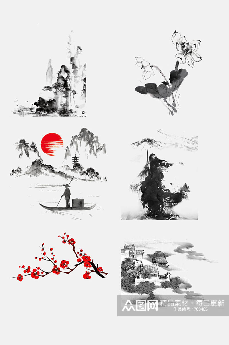 中国风江景水墨画免抠元素素材素材