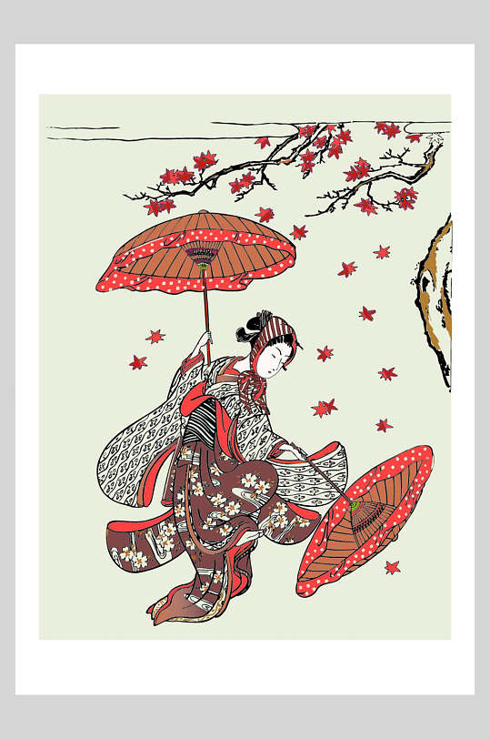 日式和服女性戏舞浮世绘插画