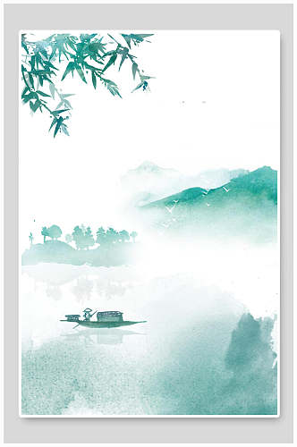 绿色划船山中国风免抠背景