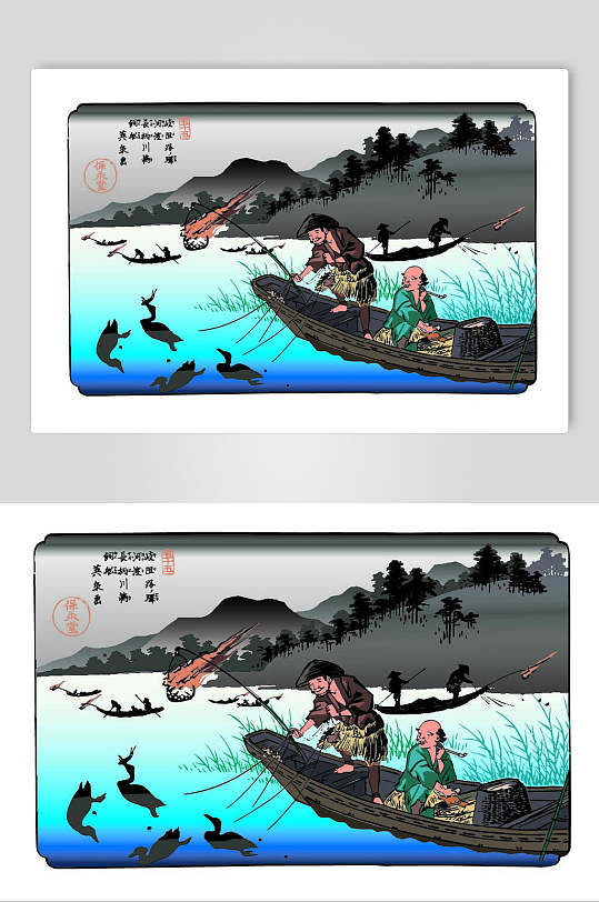 日本乡间打鱼日式浮世绘插画