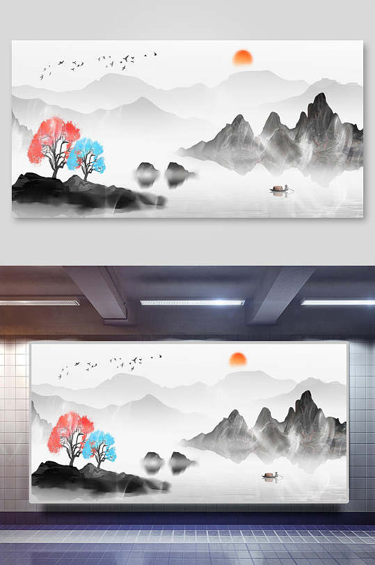 水墨中国风山水画展板-众图网