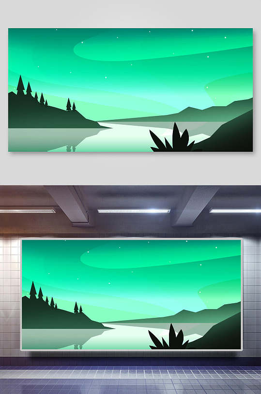 浅绿色平面山湖扁平化插画背景