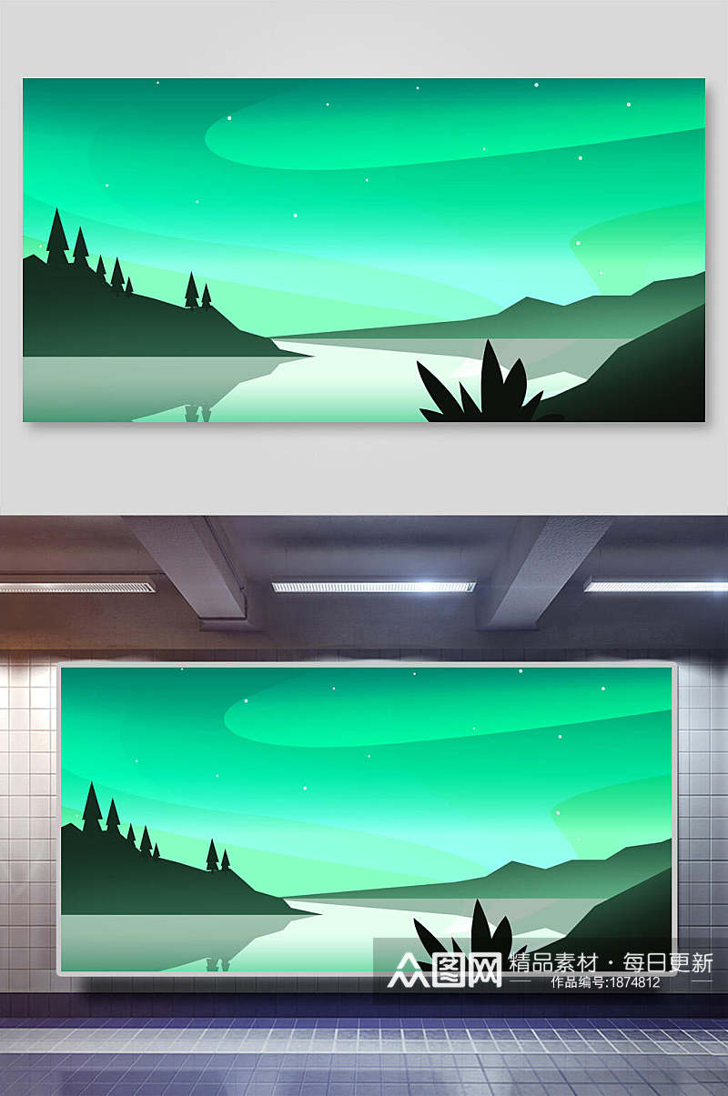 浅绿色平面山湖扁平化插画背景素材