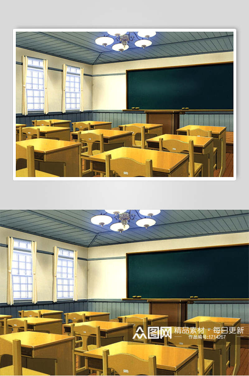校园教室课桌椅额和风漫画学校背景素材