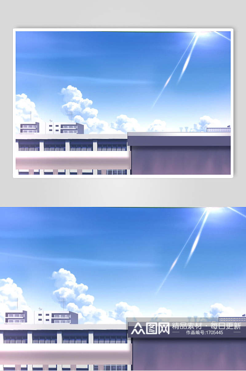 蔚蓝日系漫画学校教室操场楼顶天空背景图片素材