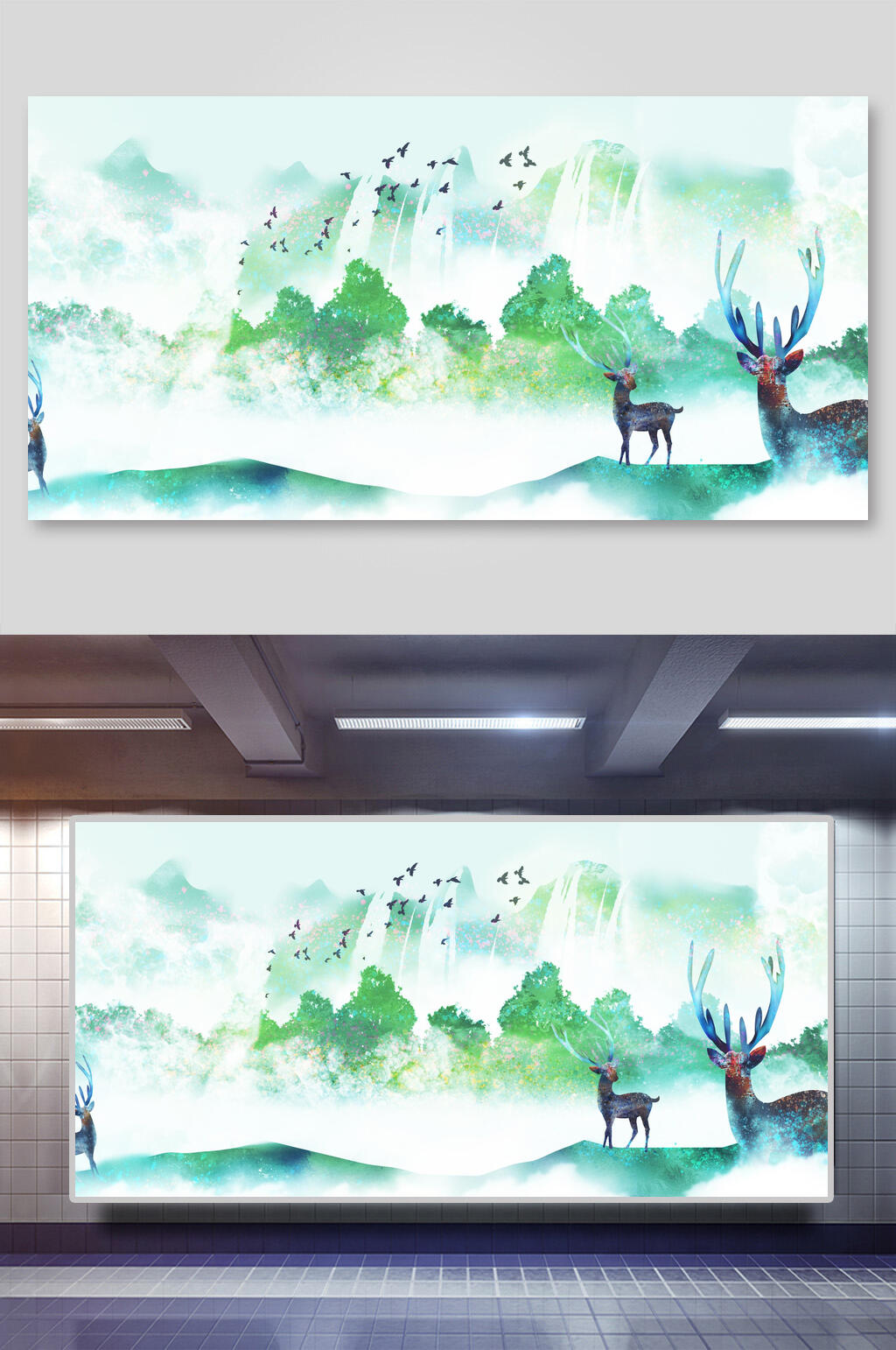 彩色森林鹿中国风素材展板素材