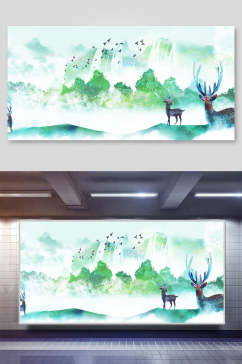 彩色森林鹿中国风素材展板