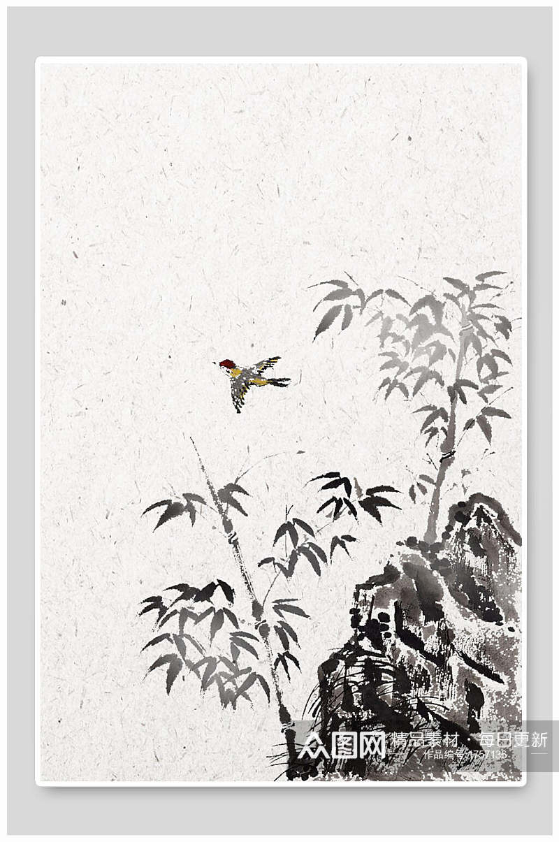 水墨竹子鸟中国风免抠背景素材