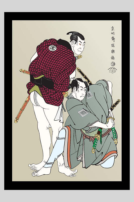 日本武士比试日式浮世绘插画