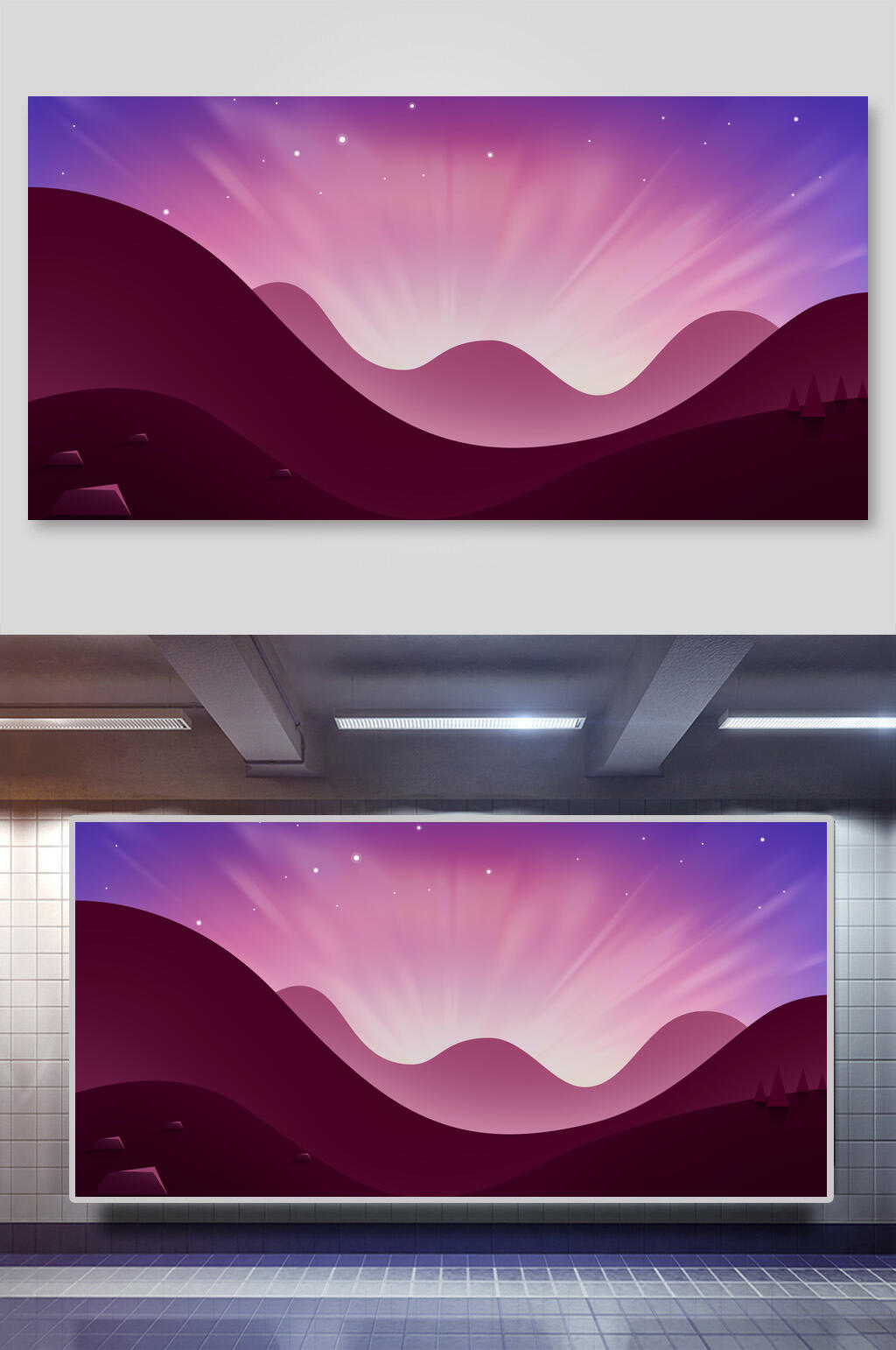 山峰落日照射扁平化插画背景素材