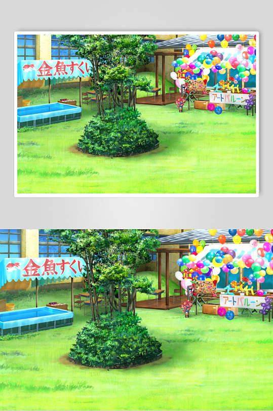 日系漫画学校教室操场绿化装饰背景图片