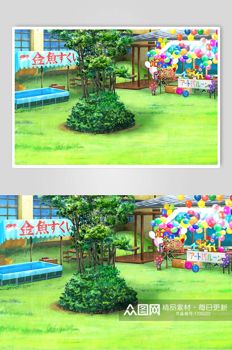 日系漫画学校教室操场绿化装饰背景图片素材