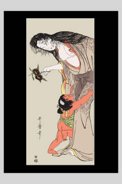 日本妇人孩童日式浮世绘插画