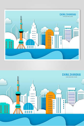 蓝色中国上海城市剪纸风元素素材