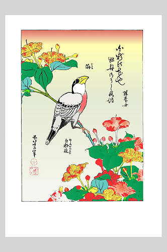 日本牡丹与鸟日式浮世绘插画