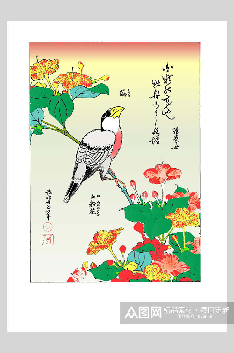 日本牡丹与鸟日式浮世绘插画素材