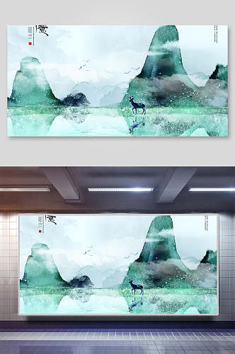 绿色湖山中国风古典背景素材展板