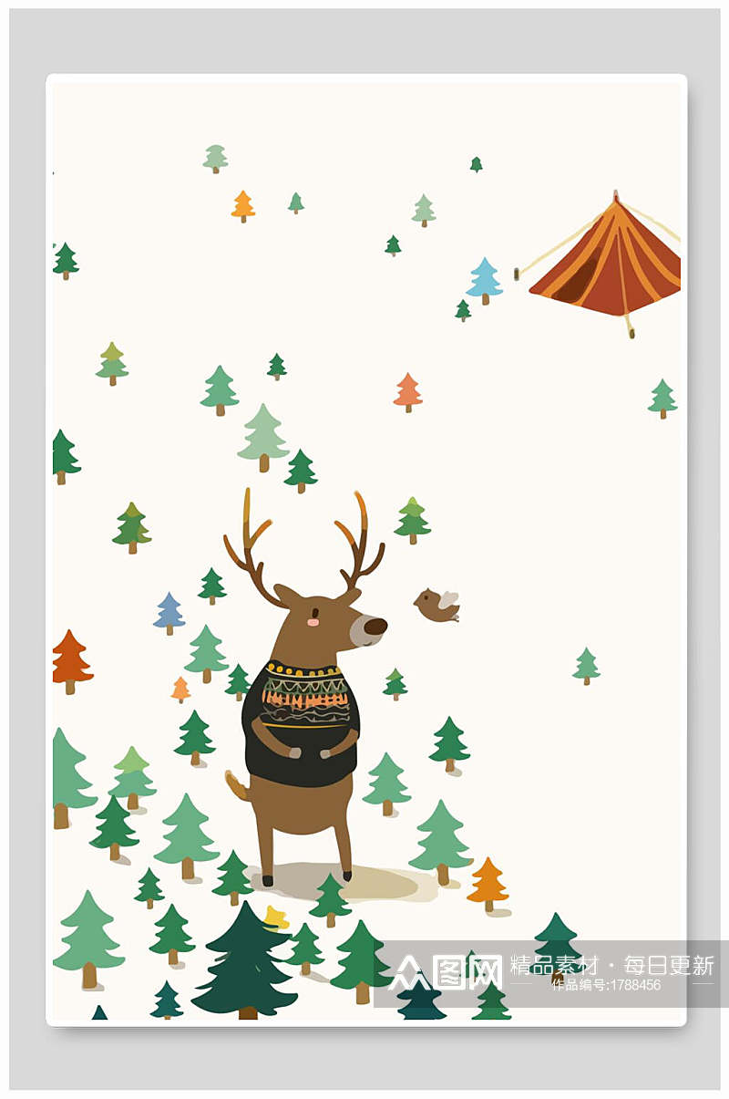 北欧风卡通动物麋鹿树木矢量插画素材素材
