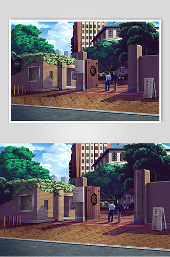 日系学校门口和风漫画学校背景