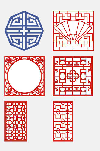 红色简约中式窗花图案花纹素材