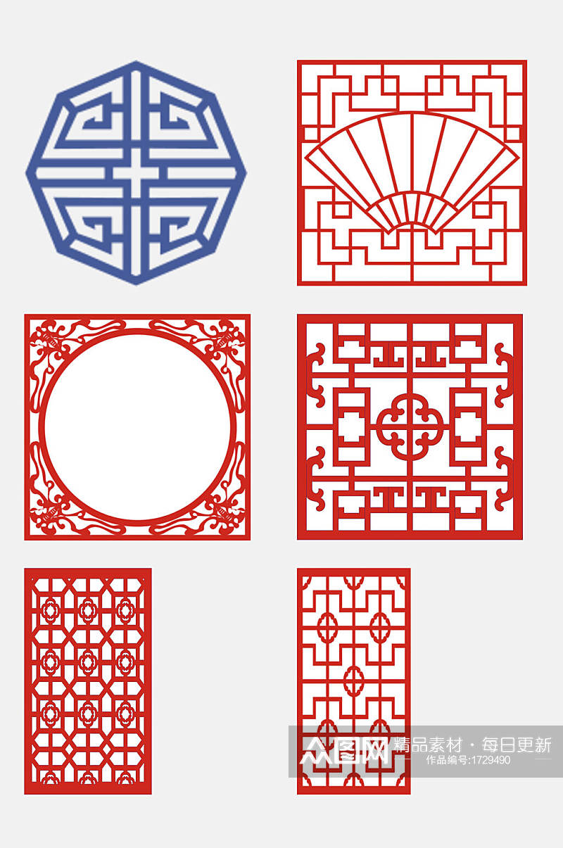 红色简约中式窗花图案花纹素材素材