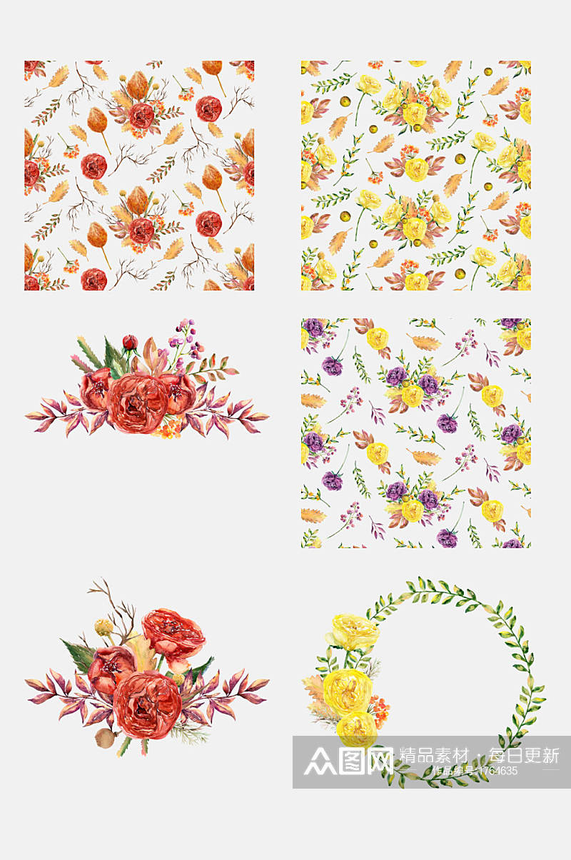 秋季花朵花环水彩手绘元素素材素材
