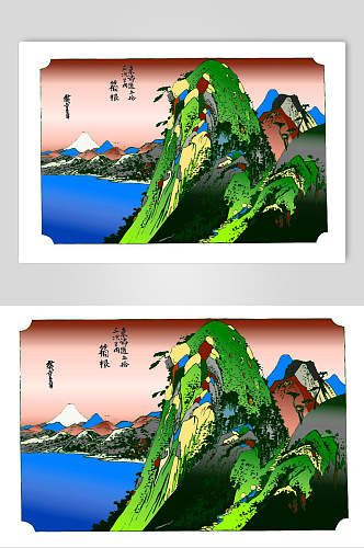 山水悬崖日式浮世绘插画