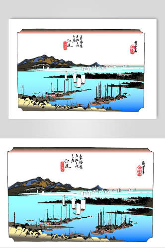日式小岛风景海面浮世绘插画