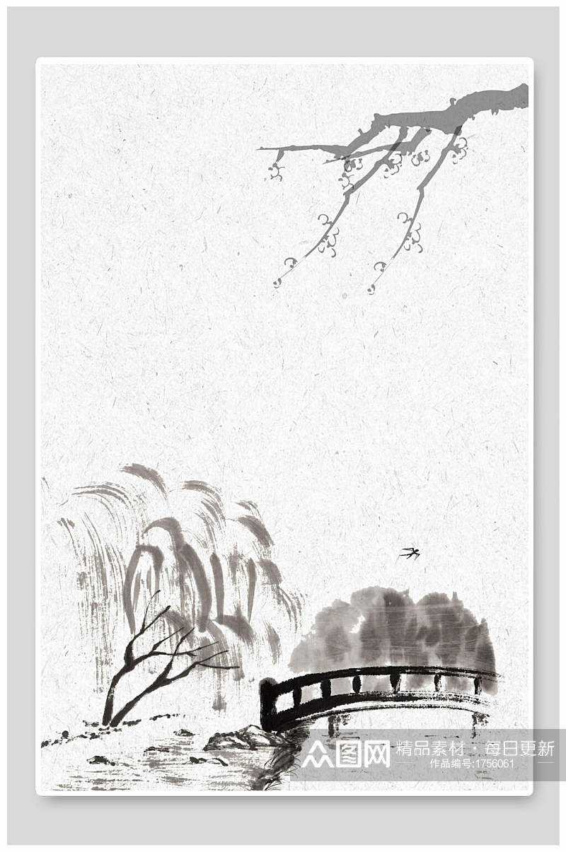 中国风水墨树桥免抠背景素材