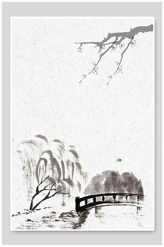 中国风水墨树桥免抠背景