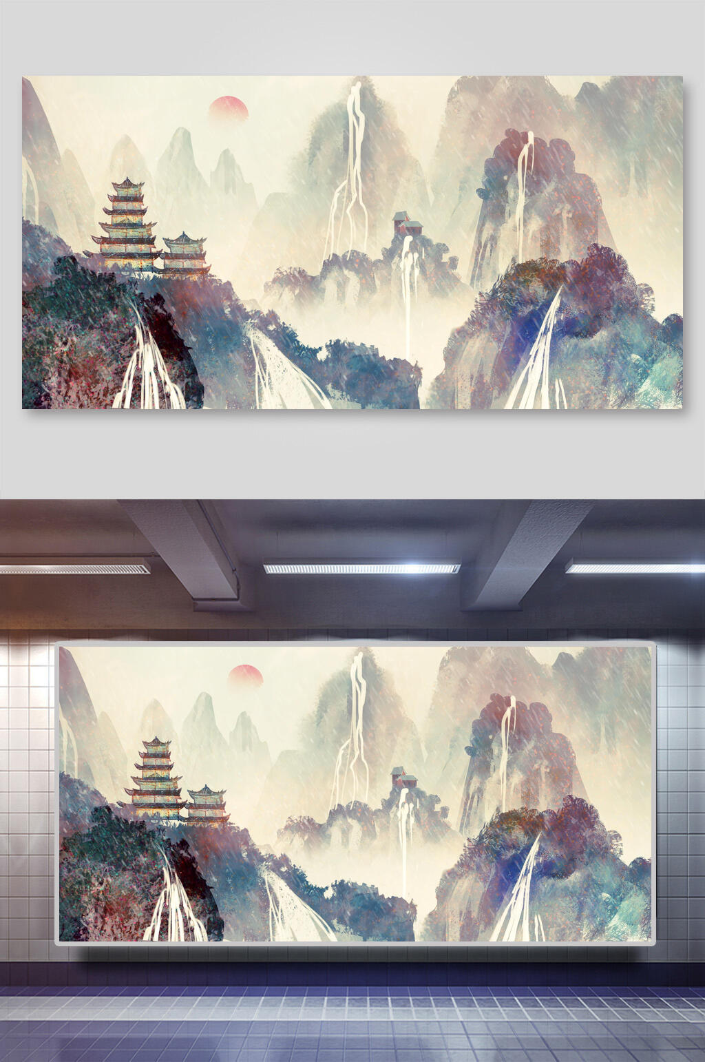 山水寺庙水墨中国风素材展板素材