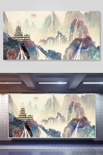 山水寺庙水墨中国风素材展板