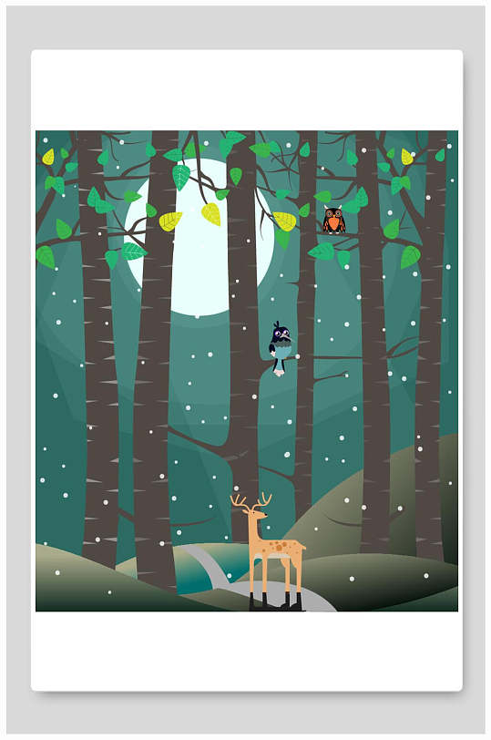 北欧风卡通动物森林矢量插画素材