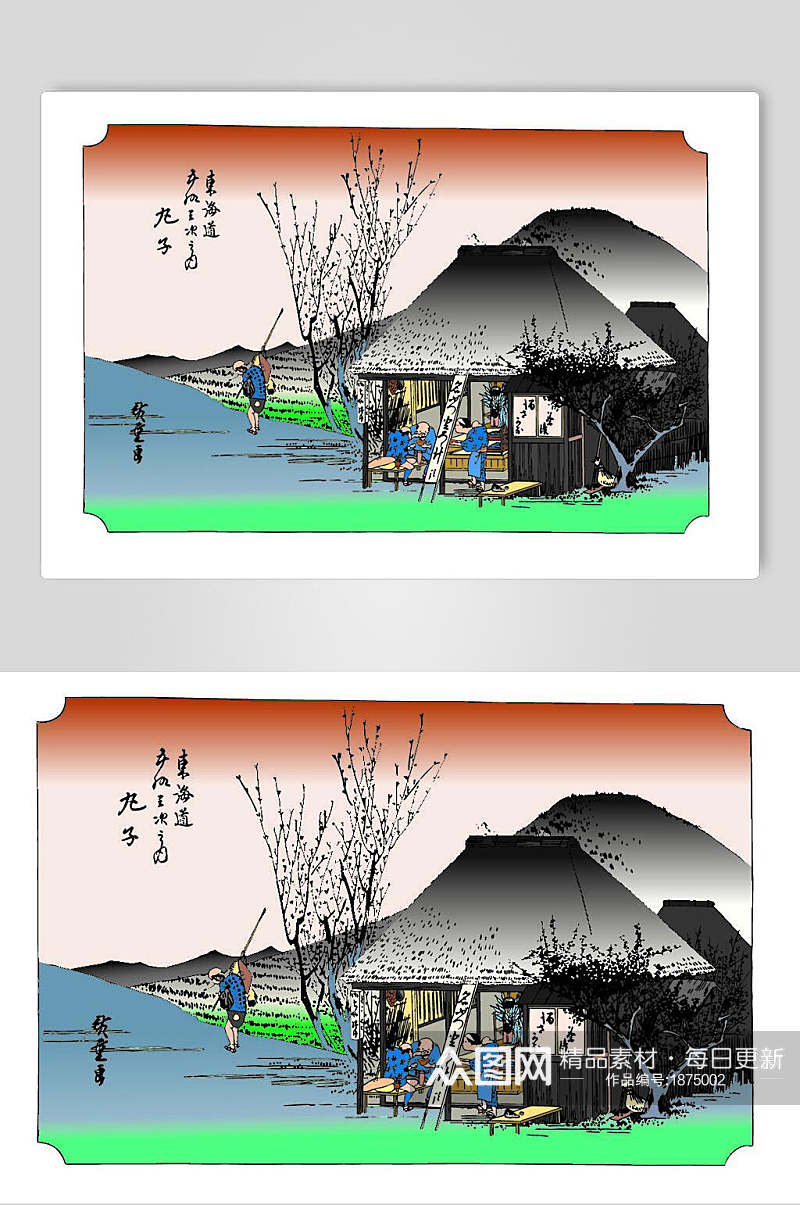 日本乡间生活日式浮世绘插画素材