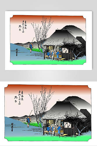 日本乡间生活日式浮世绘插画