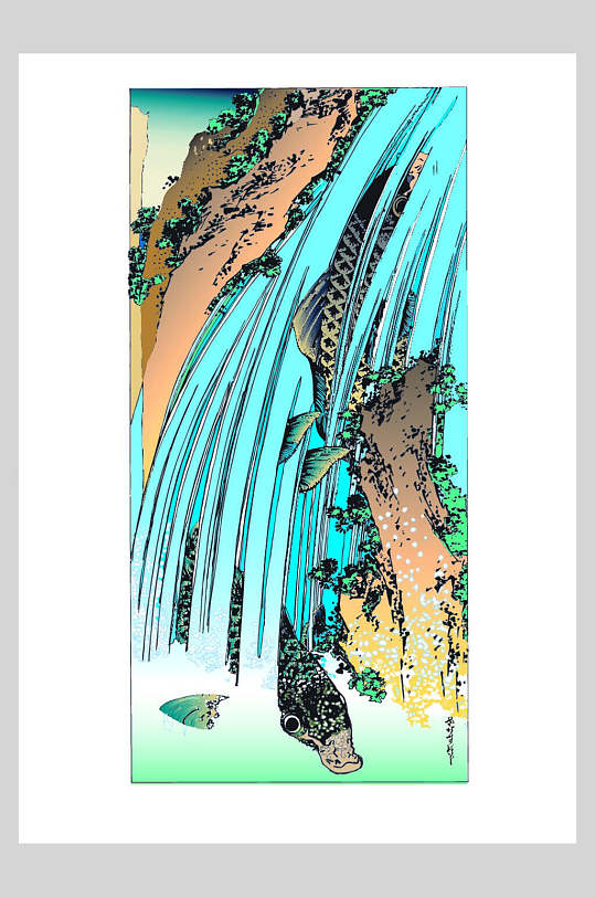 日式高山瀑布浮世绘插画